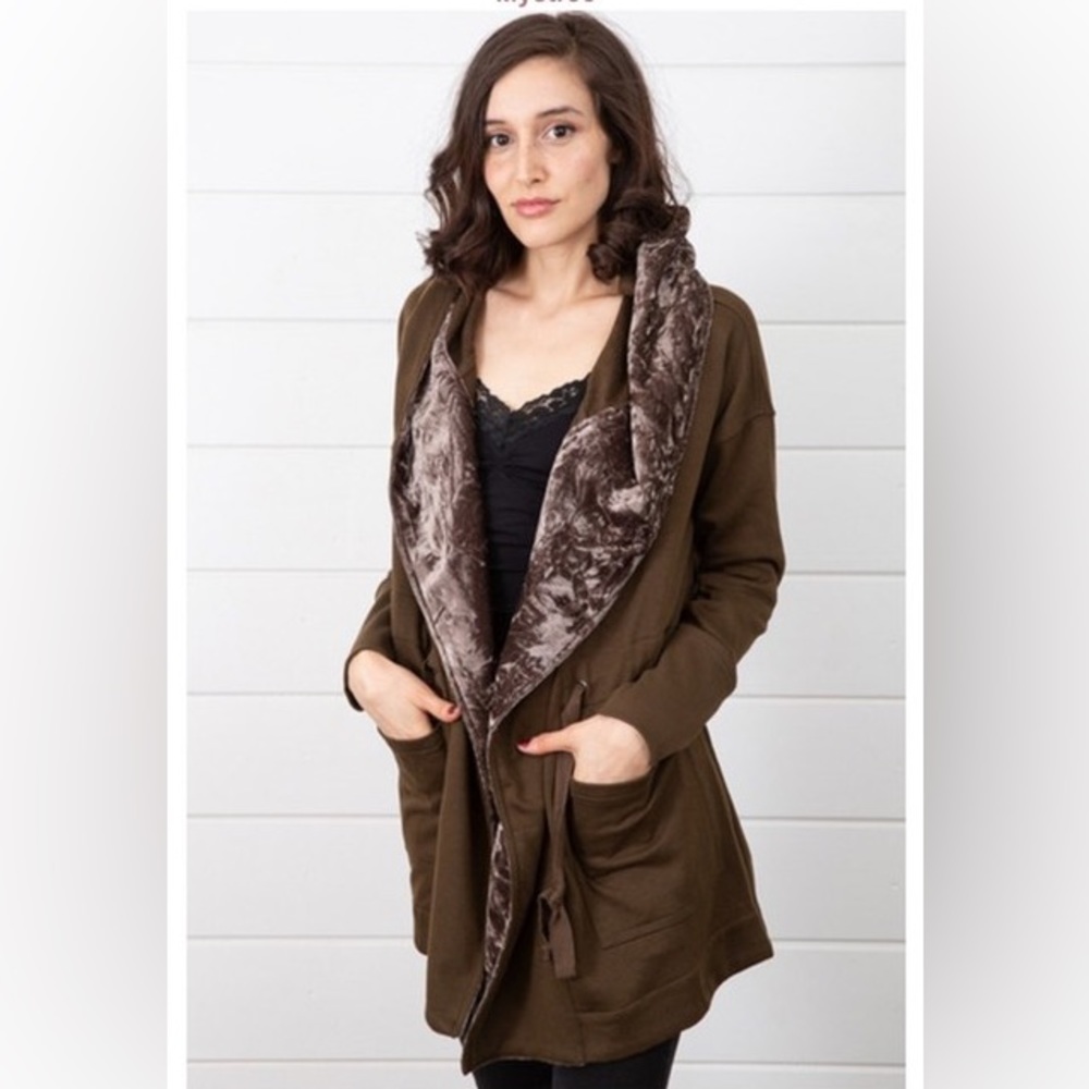 Hunter green cinch waist coat with velvet trim hood.